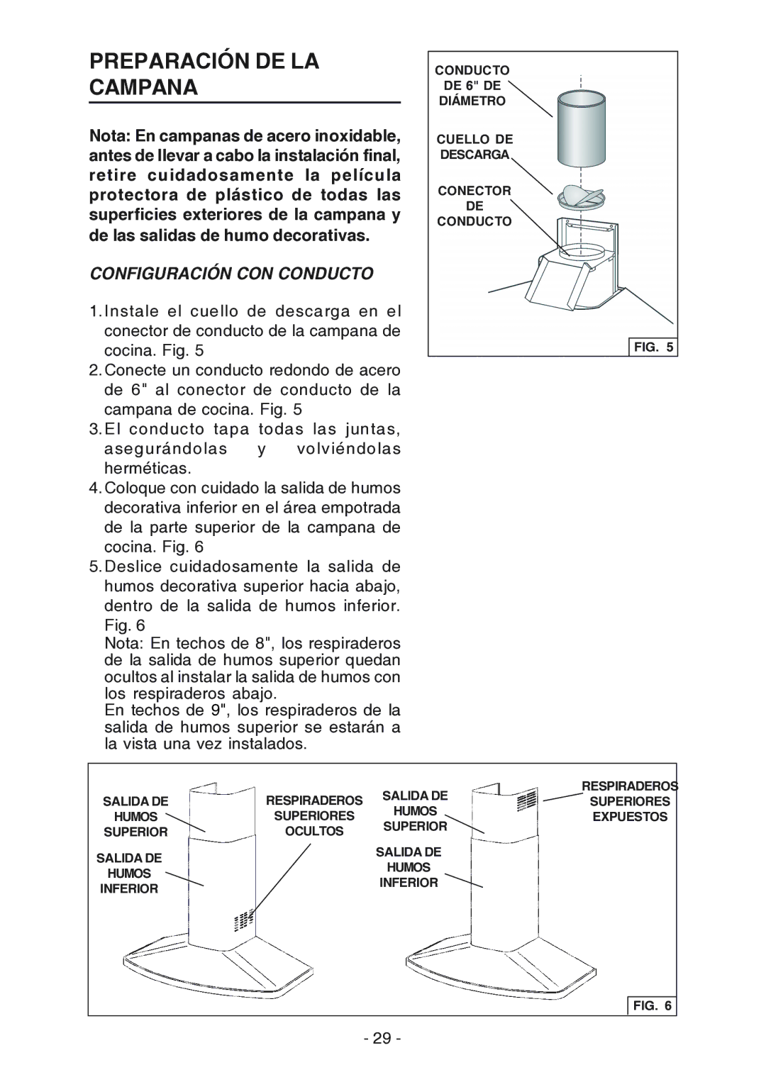 Broan RM524204, RM523004 manual Preparación DE LA Campana, Configuración CON Conducto 