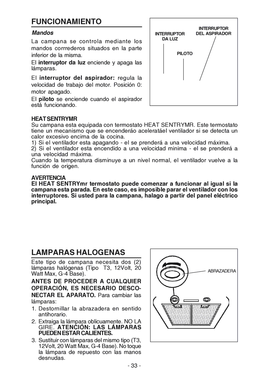 Broan RM524204, RM523004 manual Funcionamiento, Lamparas Halogenas, Mandos 