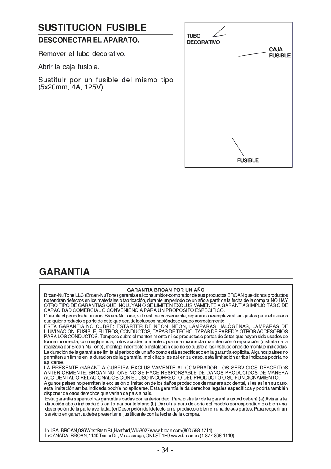 Broan RM523004, RM524204 manual Sustitucion Fusible, Garantia, Desconectar EL Aparato 