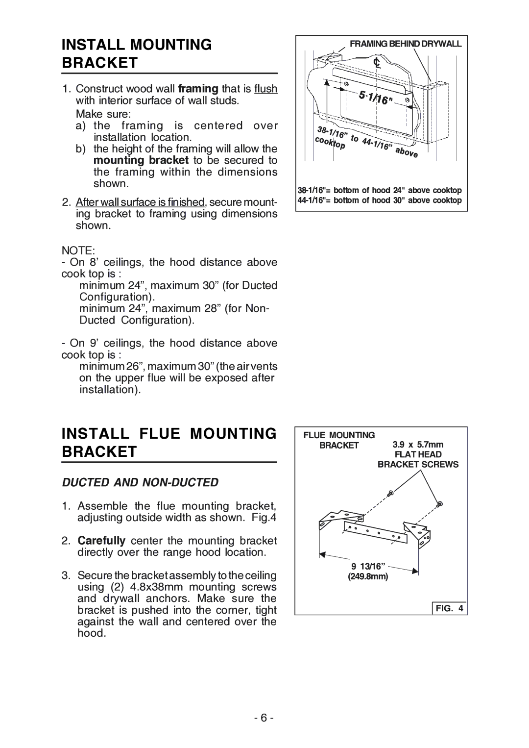 Broan RM523004, RM524204 manual Install Mounting Bracket, Install Flue Mounting Bracket, Ducted and NON-DUCTED 