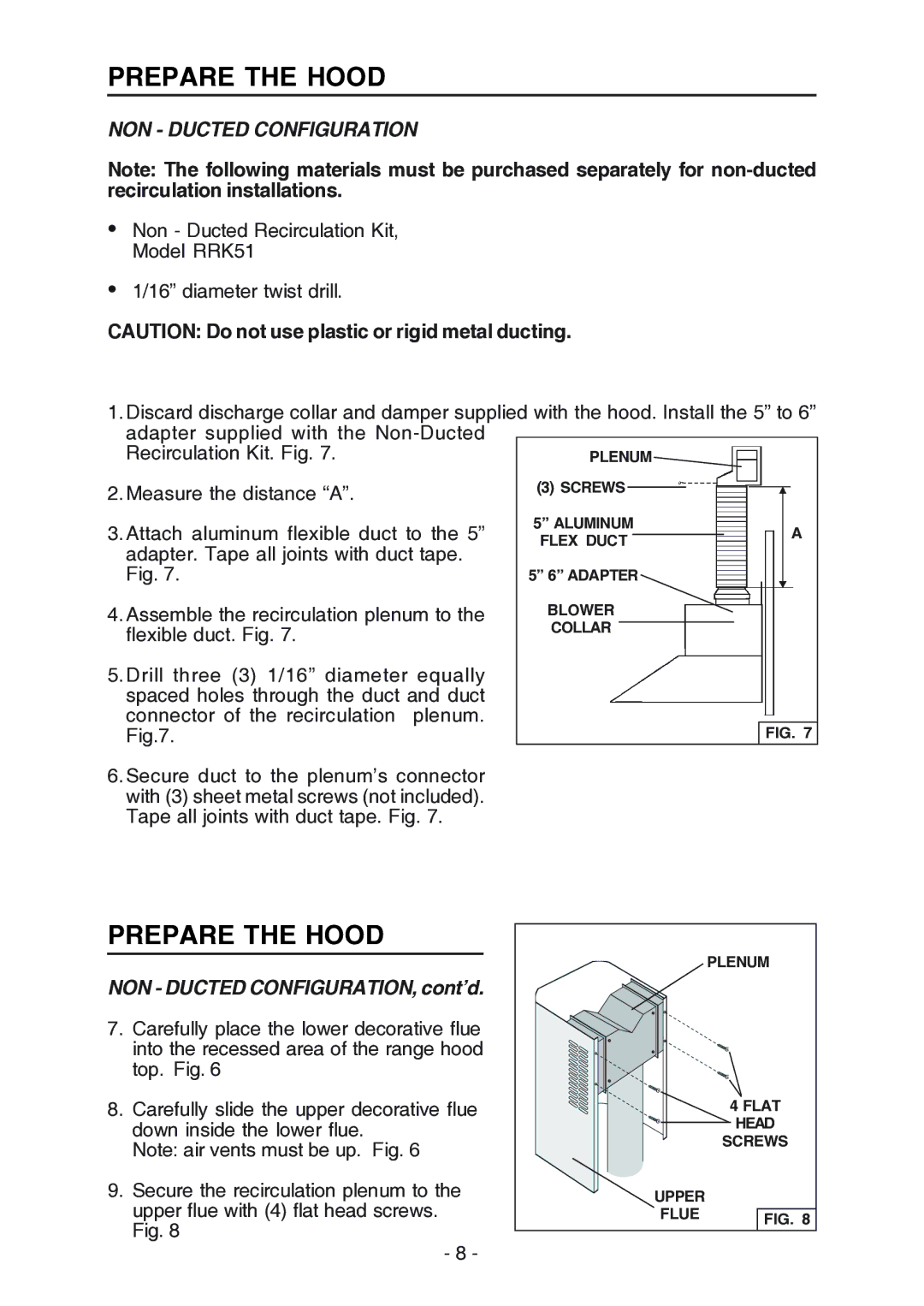 Broan RM523004, RM524204 manual NON Ducted Configuration, NON Ducted CONFIGURATION, cont’d 