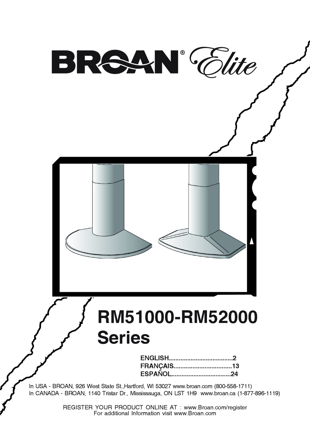 Broan RM524204, RM523004 manual English, Français, Español, RM51000-RM52000 Series 