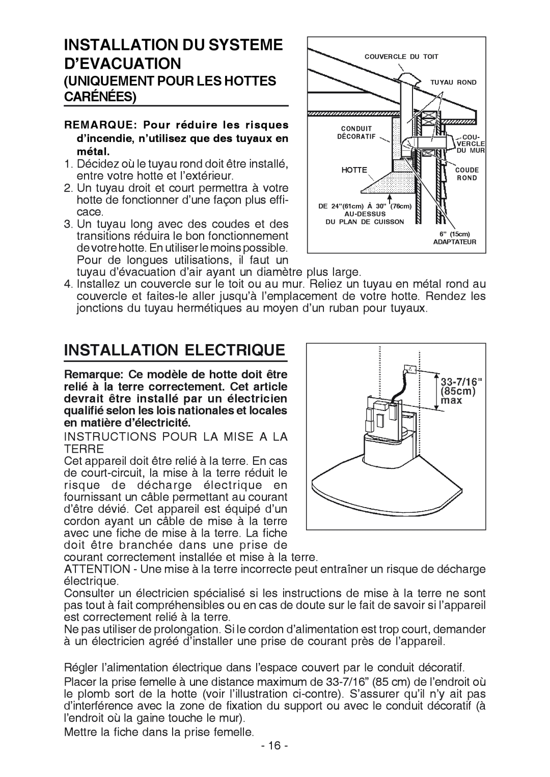 Broan RM523004 Installation Du Systeme, D’Evacuation, Installation Electrique, Uniquement Pour Les Hottes, Carénées, cace 