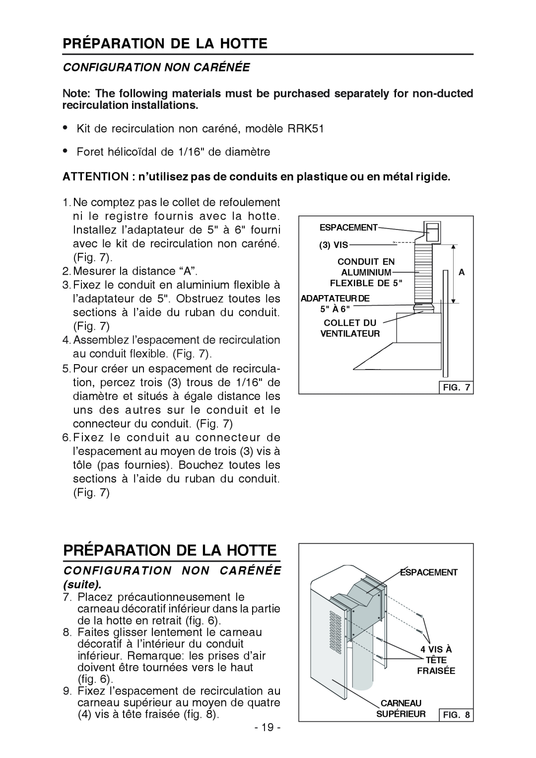 Broan RM524204, RM523004 manual Préparation De La Hotte, Configuration Non Carénée, CONFIGURATION NON CARÉNÉE suite 