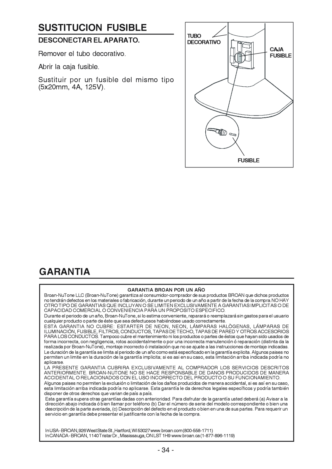 Broan RM523004, RM524204 manual Sustitucion Fusible, Garantia, Desconectar El Aparato 