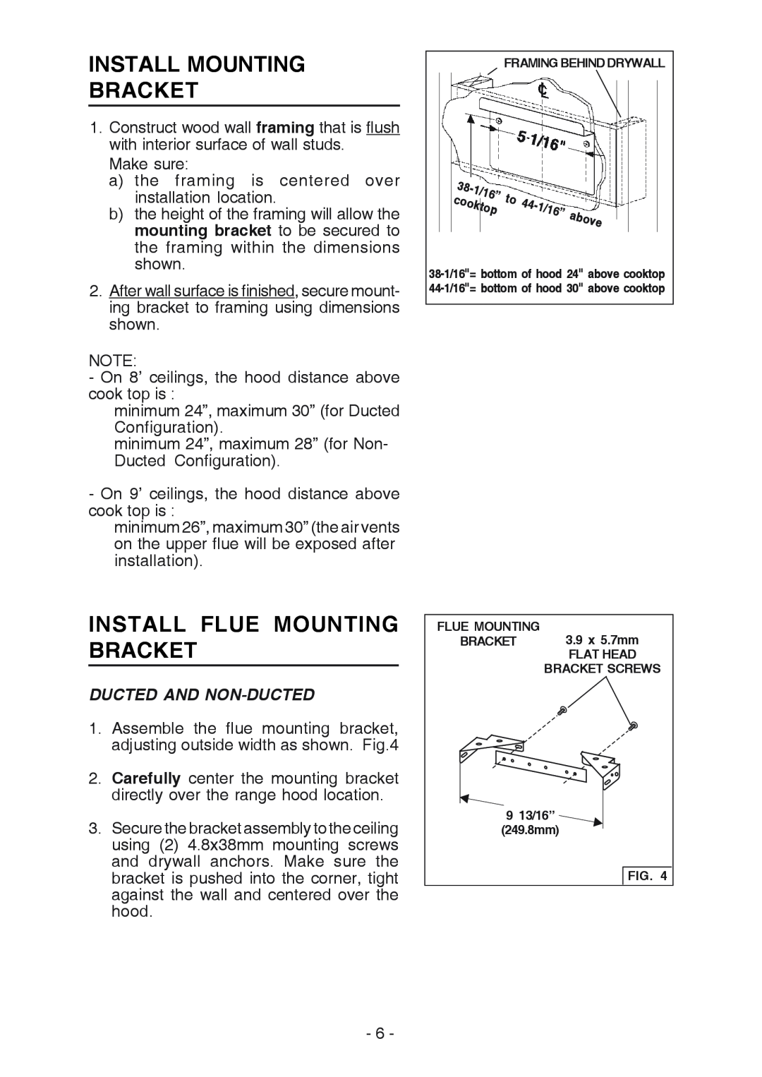 Broan RM523004, RM524204 manual Install Mounting Bracket, Install Flue Mounting Bracket, Ducted And Non-Ducted 