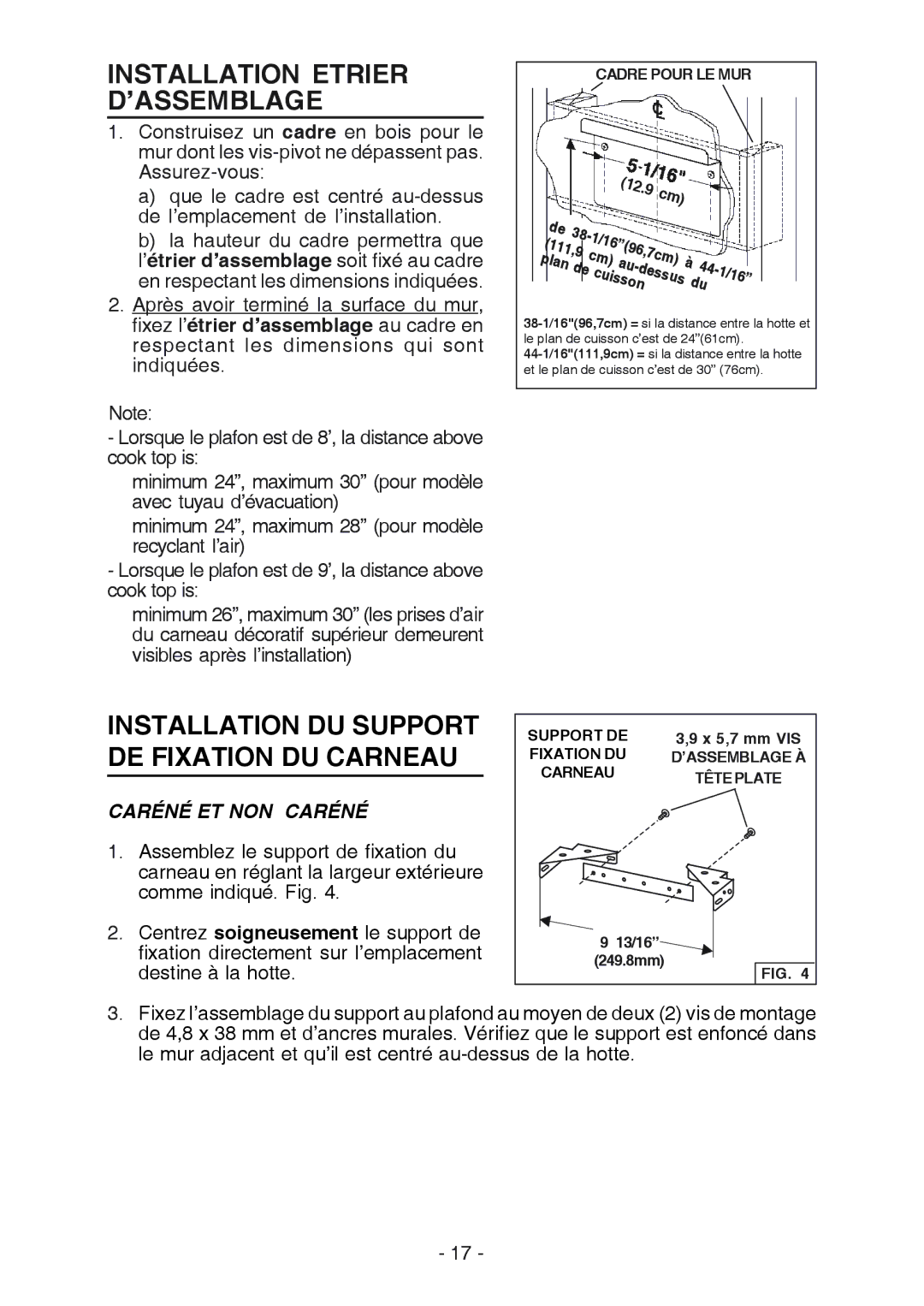 Broan RM523604 Installation Etrier D’ASSEMBLAGE, Installation DU Support DE Fixation DU Carneau, Caréné ET NON Caréné 