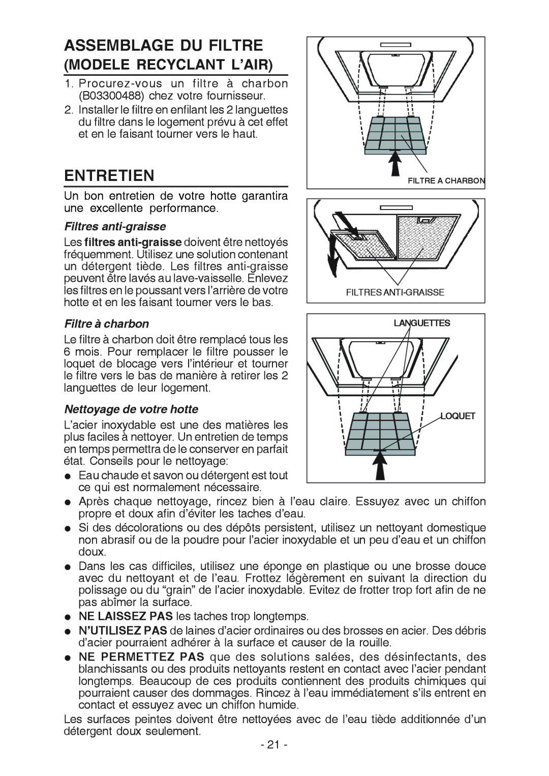 Broan RM523604 manual Assemblage DU Filtre, Entretien, Filtres anti-graisse, Filtre à charbon, Nettoyage de votre hotte 