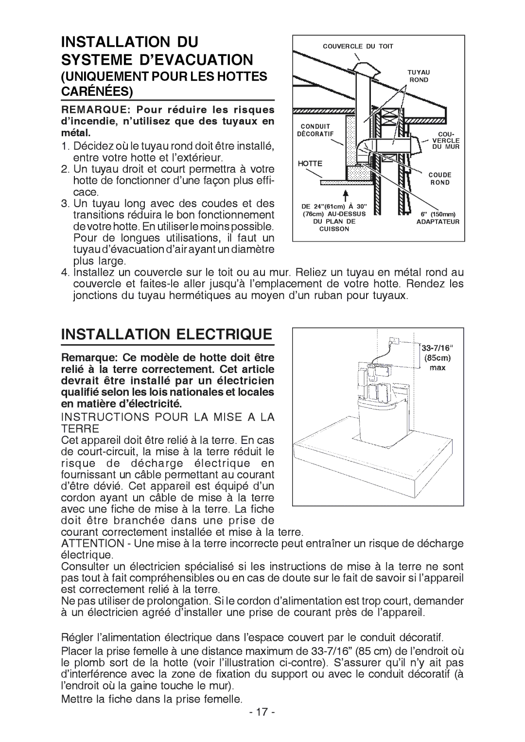 Broan RM533604 manual Installation DU, Systeme D’EVACUATION, Installation Electrique 