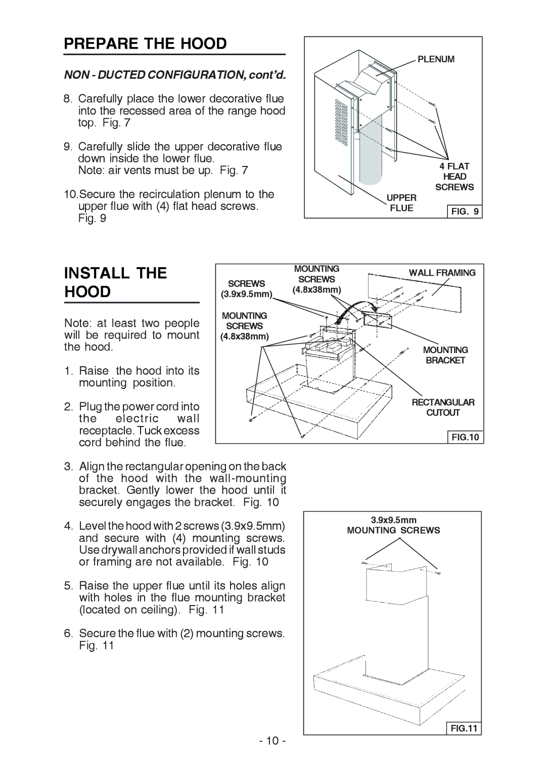 Broan RM533604 manual Install the Hood, NON Ducted CONFIGURATION, cont’d 