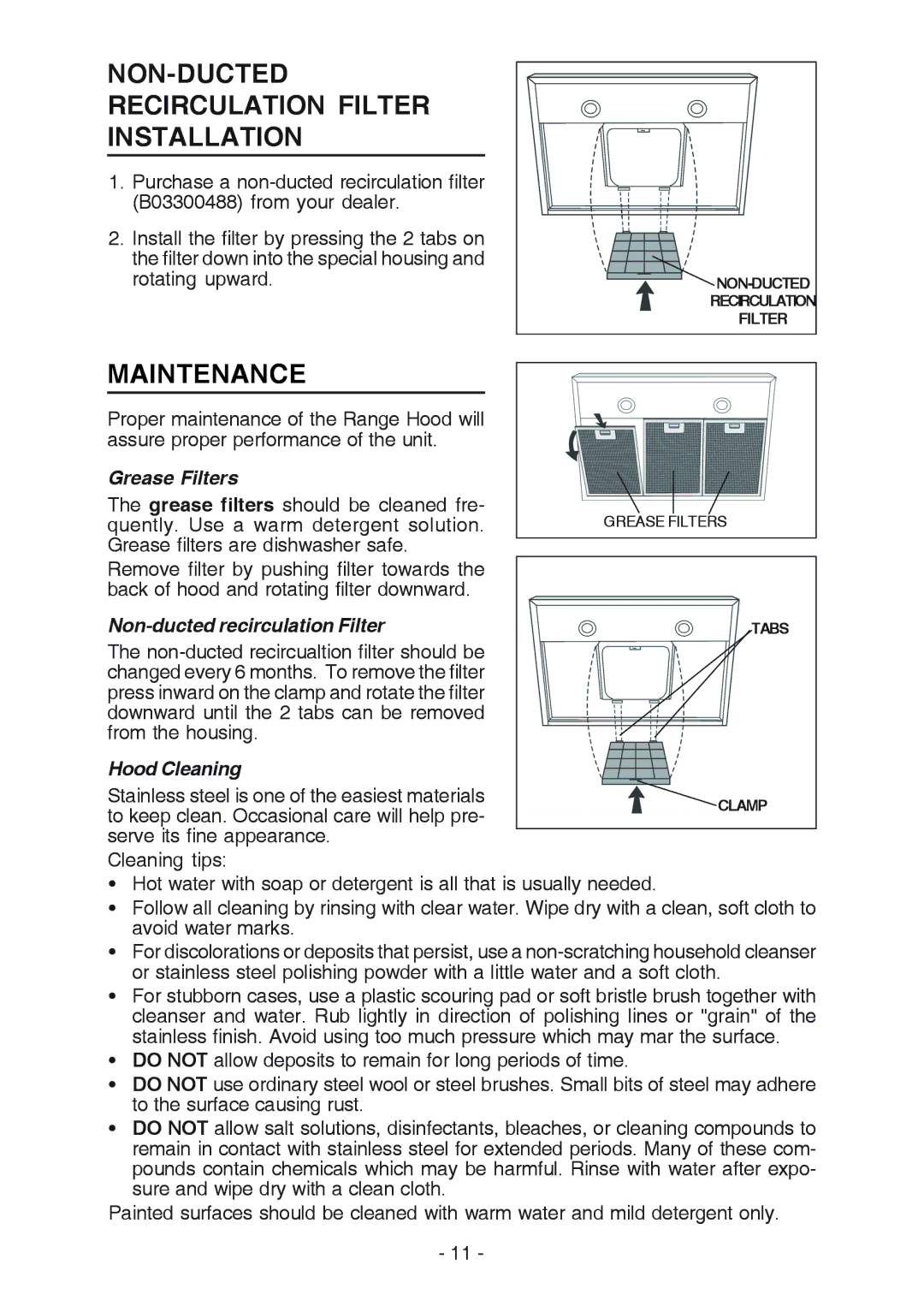 Broan RM533604 NON-DUCTED Recirculation Filter Installation, Maintenance, Grease Filters, Non-ducted recirculation Filter 