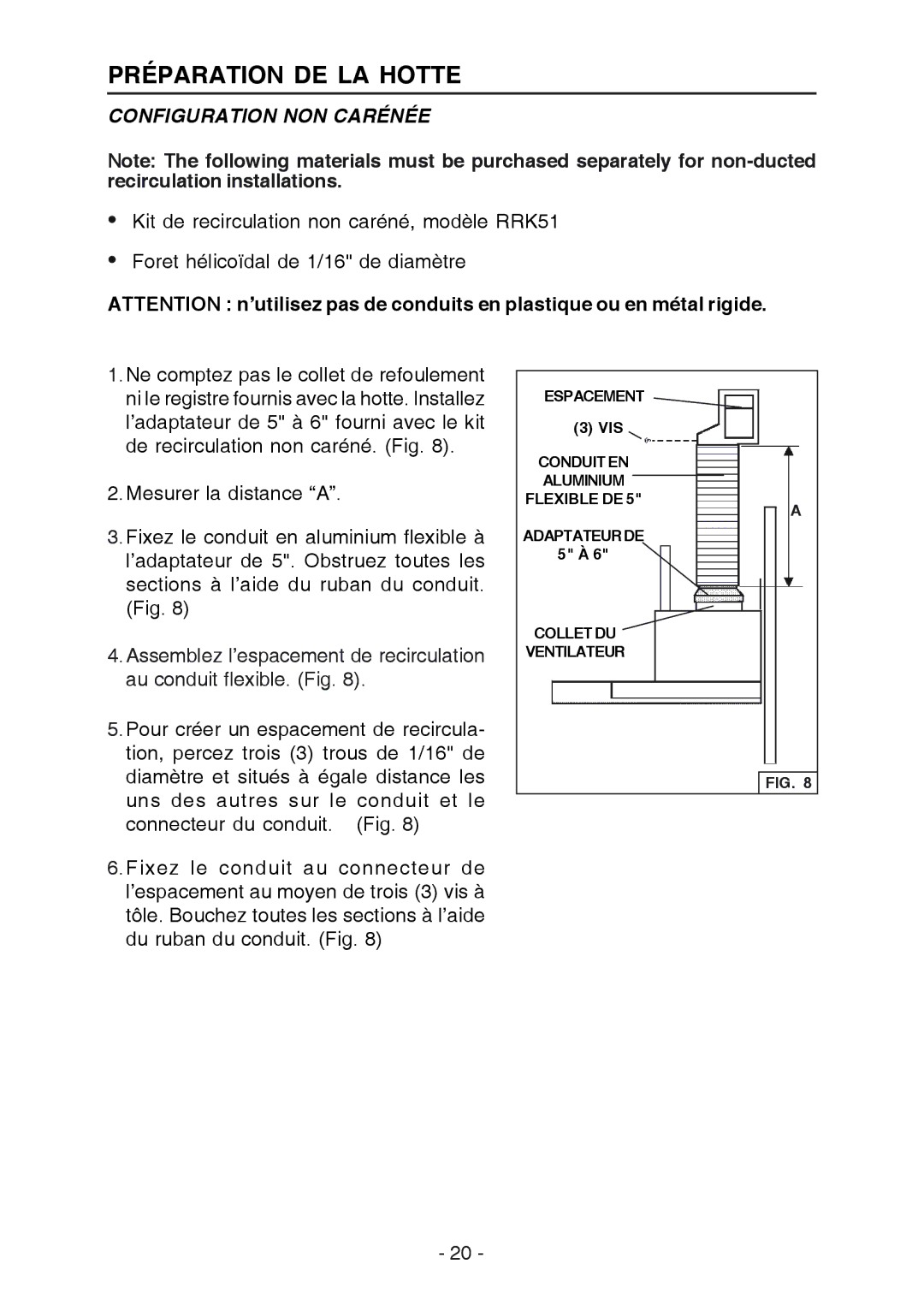 Broan RM533604 manual Configuration NON Carénée 