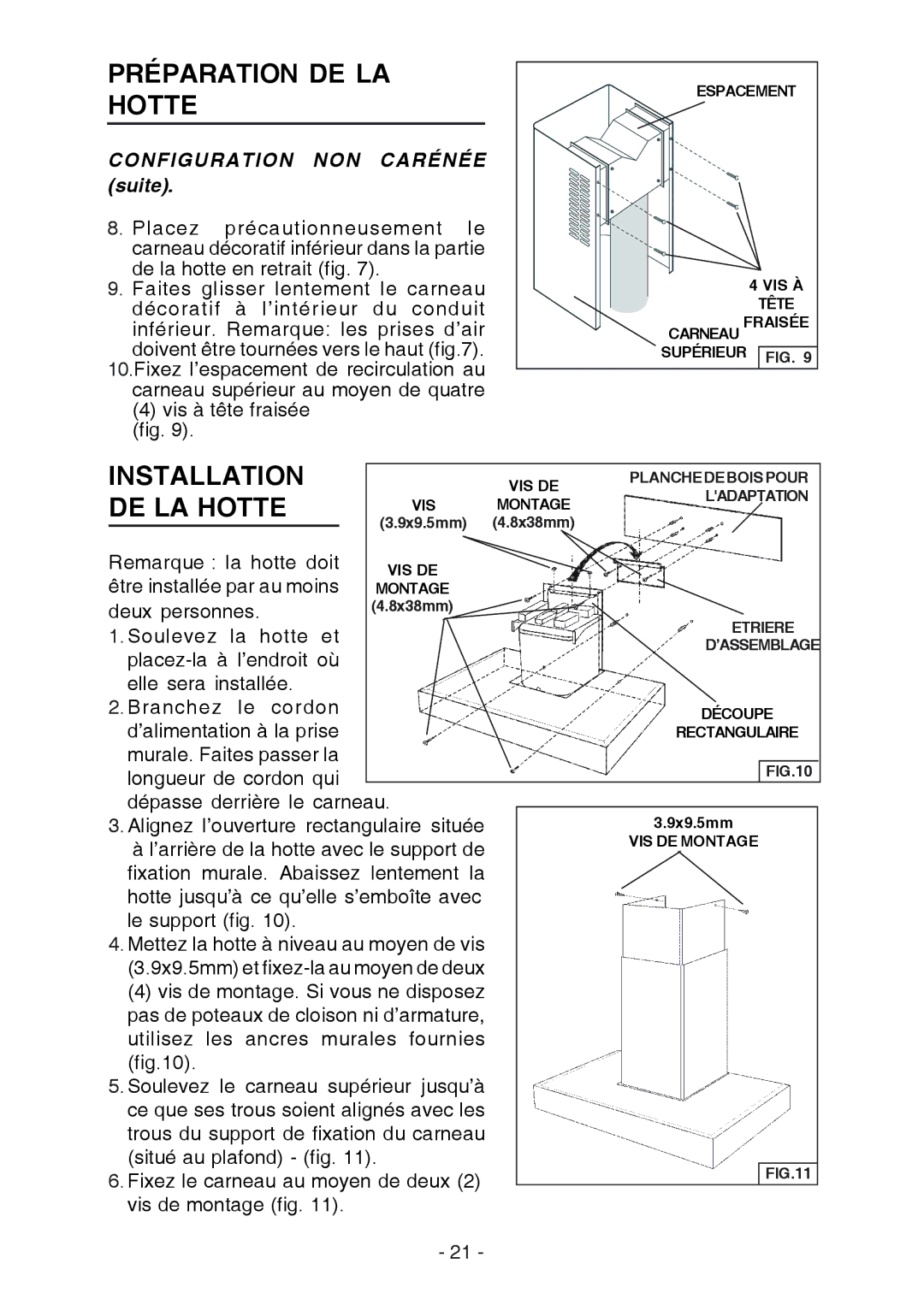 Broan RM533604 manual Préparation DE LA Hotte, Configuration NON Carénée suite 