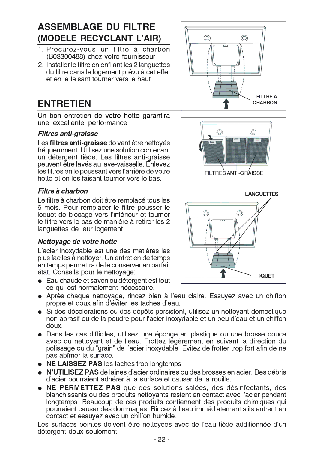 Broan RM533604 manual Assemblage DU Filtre, Entretien, Filtres anti-graisse, Filtre à charbon, Nettoyage de votre hotte 