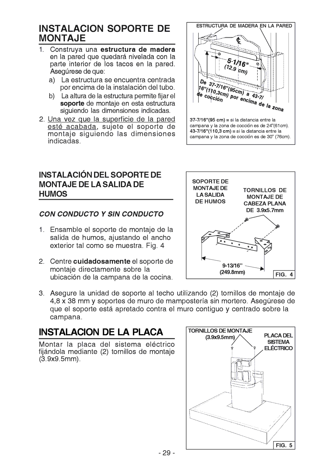 Broan RM533604 manual Instalacion Soporte DE Montaje, Instalacion DE LA Placa, CON Conducto Y SIN Conducto 