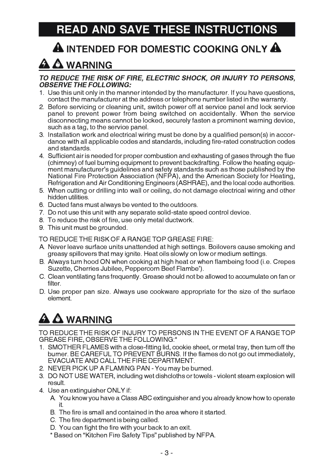 Broan RM533604 manual Read and Save These Instructions, Intended for Domestic Cooking only ! Warning 