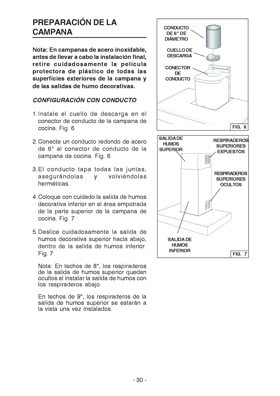 Broan RM533604 manual Preparación DE LA Campana, Configuración CON Conducto 