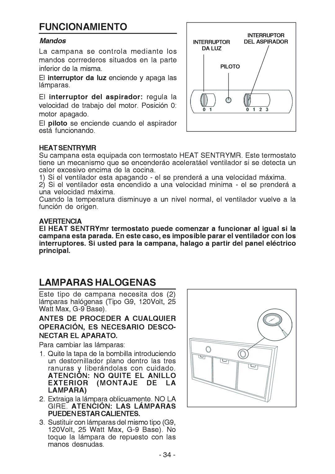 Broan RM533604 manual Funcionamiento, Lamparas Halogenas, Mandos 