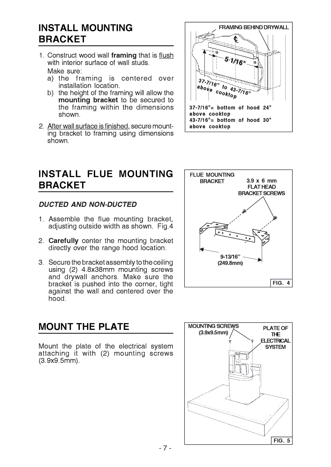 Broan RM533604 manual Install Mounting Bracket, Install Flue Mounting Bracket, Mount the Plate, Ducted and NON-DUCTED 