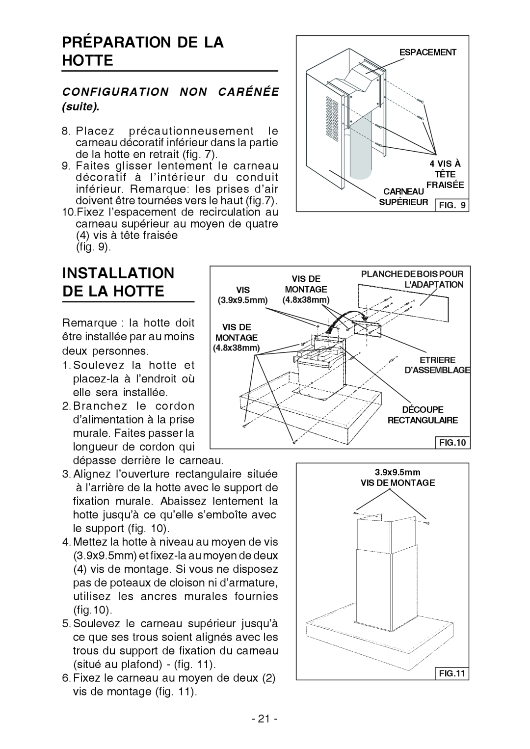 Broan RM533604 manual Préparation De La Hotte, CONFIGURATION NON CARÉNÉE suite, Installation 