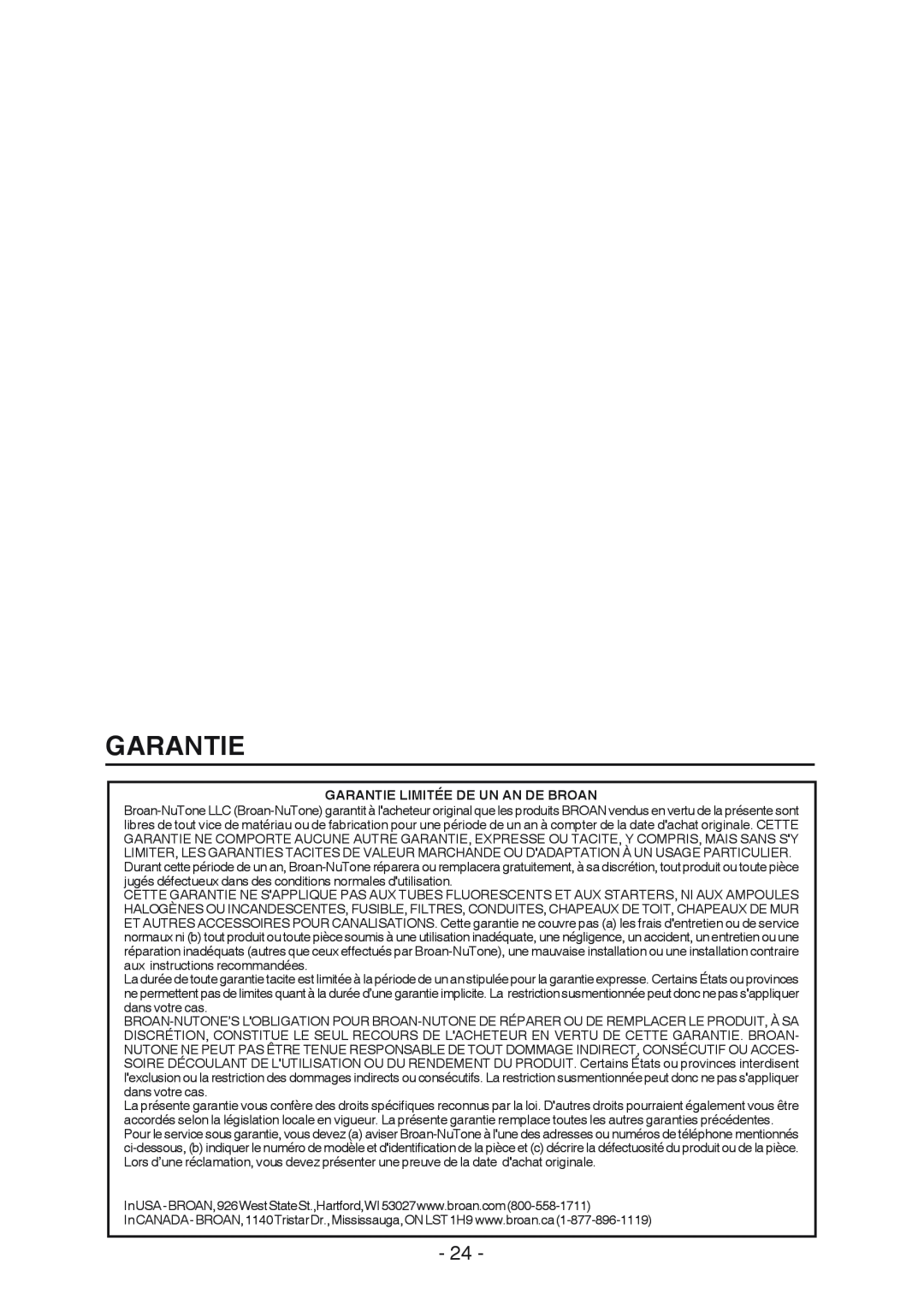 Broan RM533604 manual Garantie Limitée De Un An De Broan 