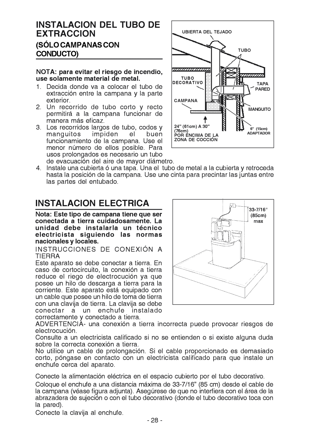 Broan RM533604 manual Instalacion Del Tubo De, Extraccion, Instalacion Electrica, Sólo Campanas Con, Conducto, exterior 