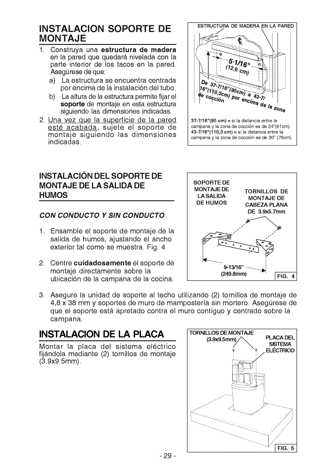 Broan RM533604 manual Instalacion Soporte De Montaje, Instalacion De La Placa, Con Conducto Y Sin Conducto 