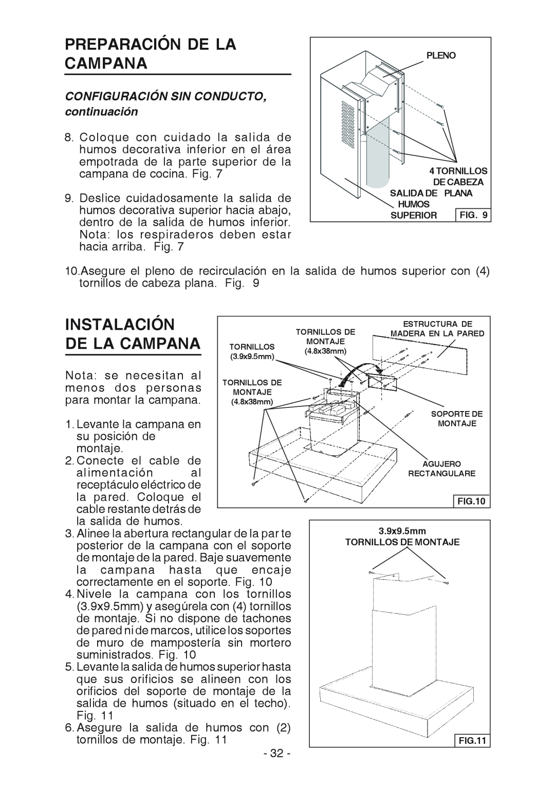 Broan RM533604 manual Instalación, CONFIGURACIÓN SIN CONDUCTO, continuación, Preparación De La Campana 