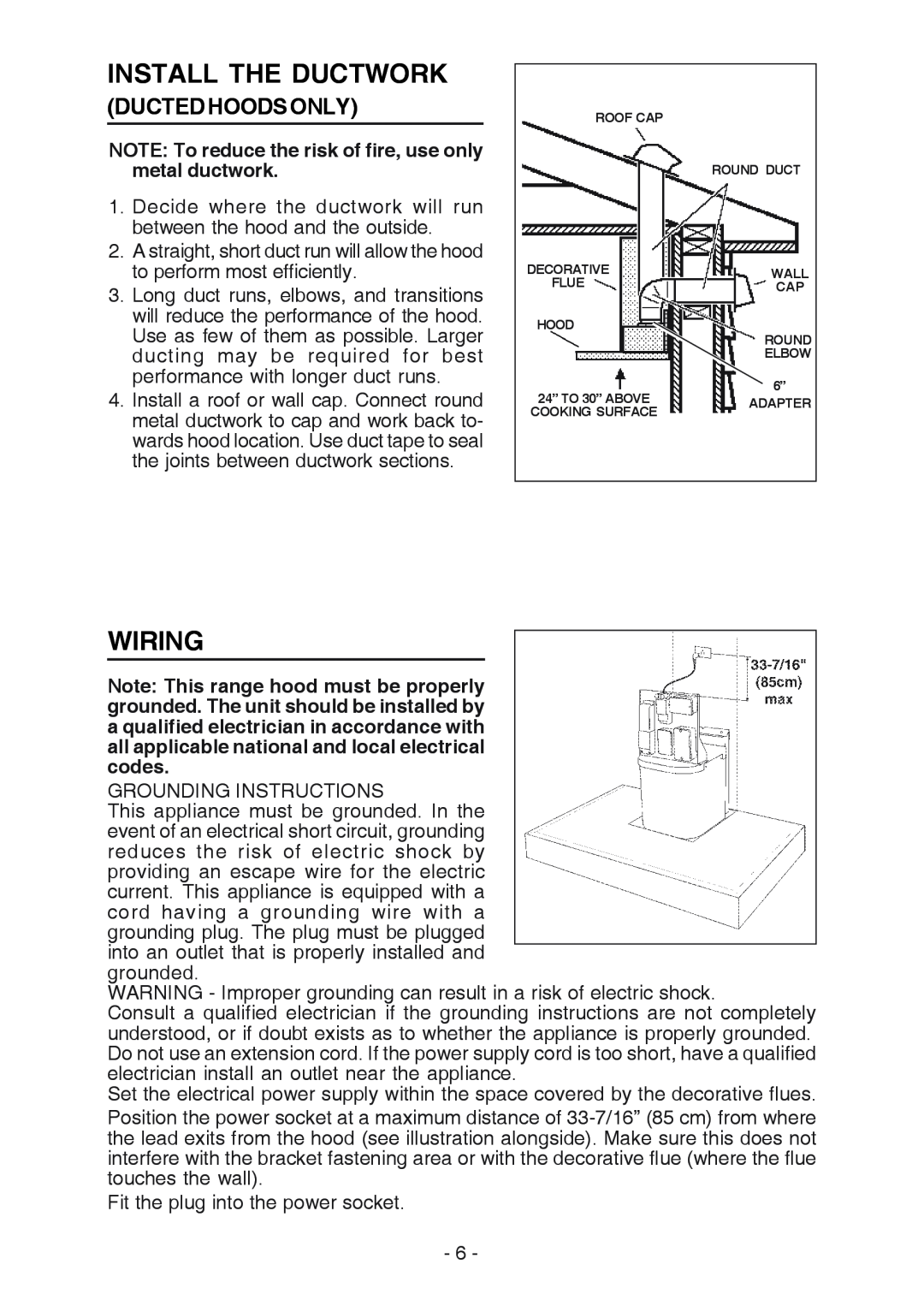 Broan RM533604 Install The Ductwork, Wiring, Ducted Hoods Only, NOTE To reduce the risk of fire, use only metal ductwork 