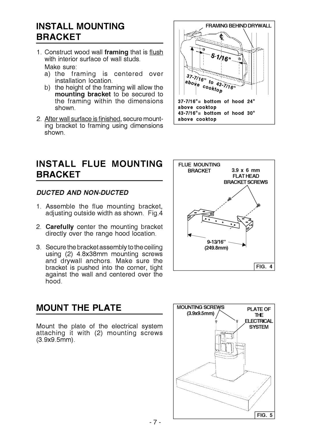 Broan RM533604 manual Install Mounting Bracket, Install Flue Mounting Bracket, Mount The Plate, Ducted And Non-Ducted 