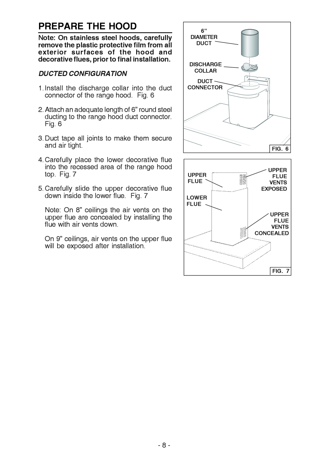 Broan RM533604 manual Ducted Configuration, Prepare The Hood 