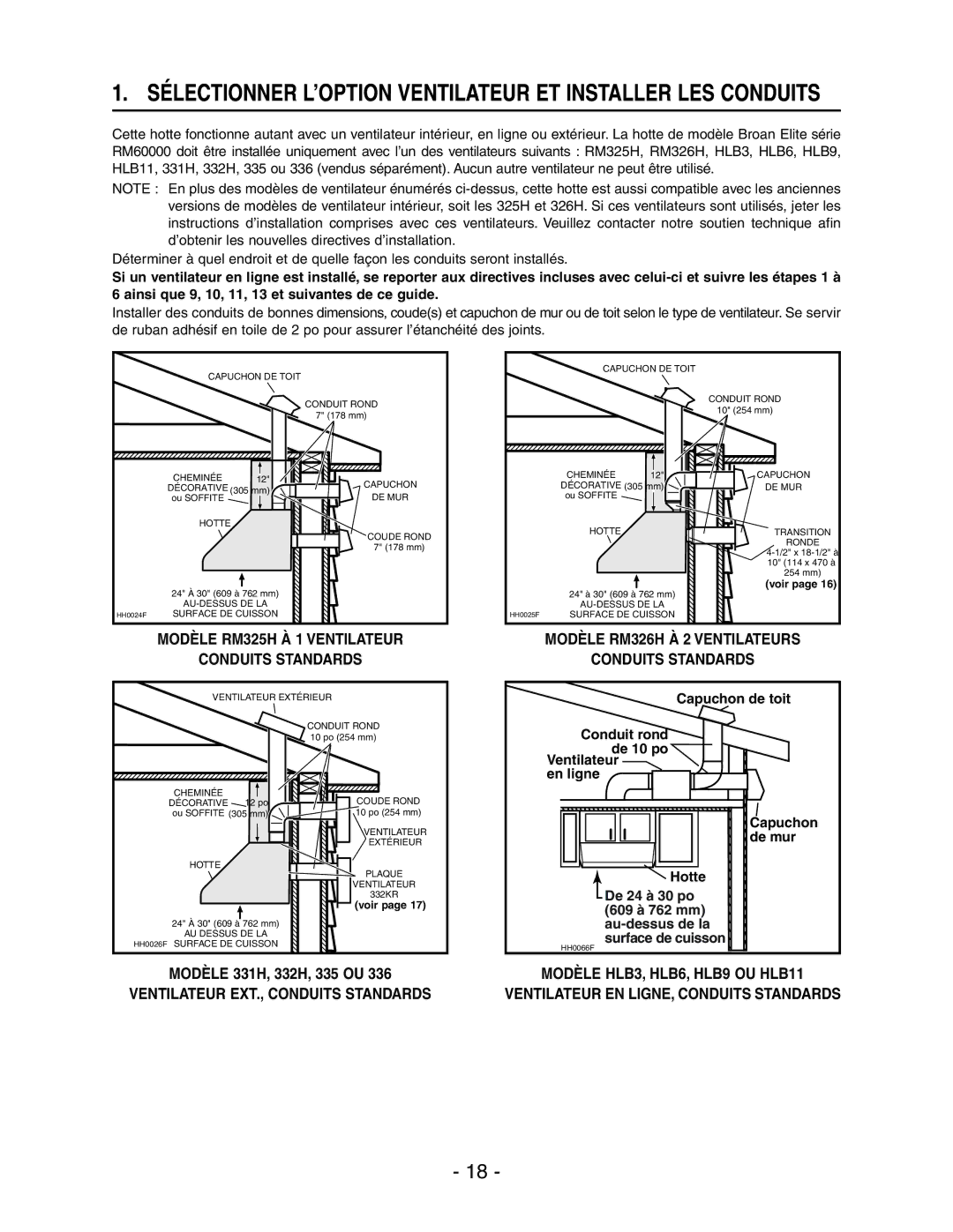 Broan RM60000 manual Capuchon de toit Conduit rond De 10 po Ventilateur en ligne, Modèle 331H, 332H, 335 OU 