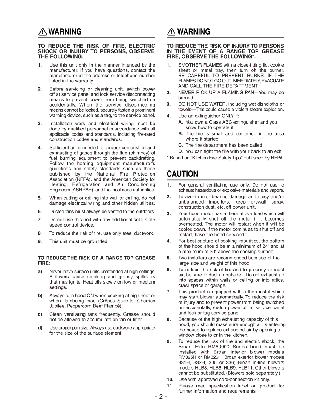 Broan RM60000 manual To Reduce the Risk of a Range TOP Grease Fire, Never Pick UP a Flaming PAN-You may be burned 