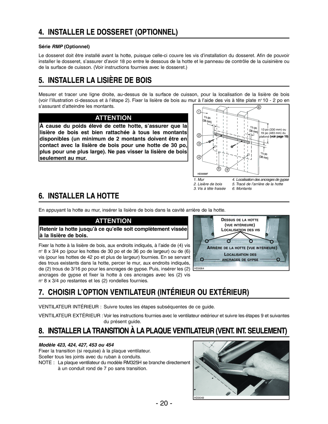 Broan RM60000 manual Installer LE Dosseret Optionnel, Installer LA Lisière DE Bois, Installer LA Hotte 