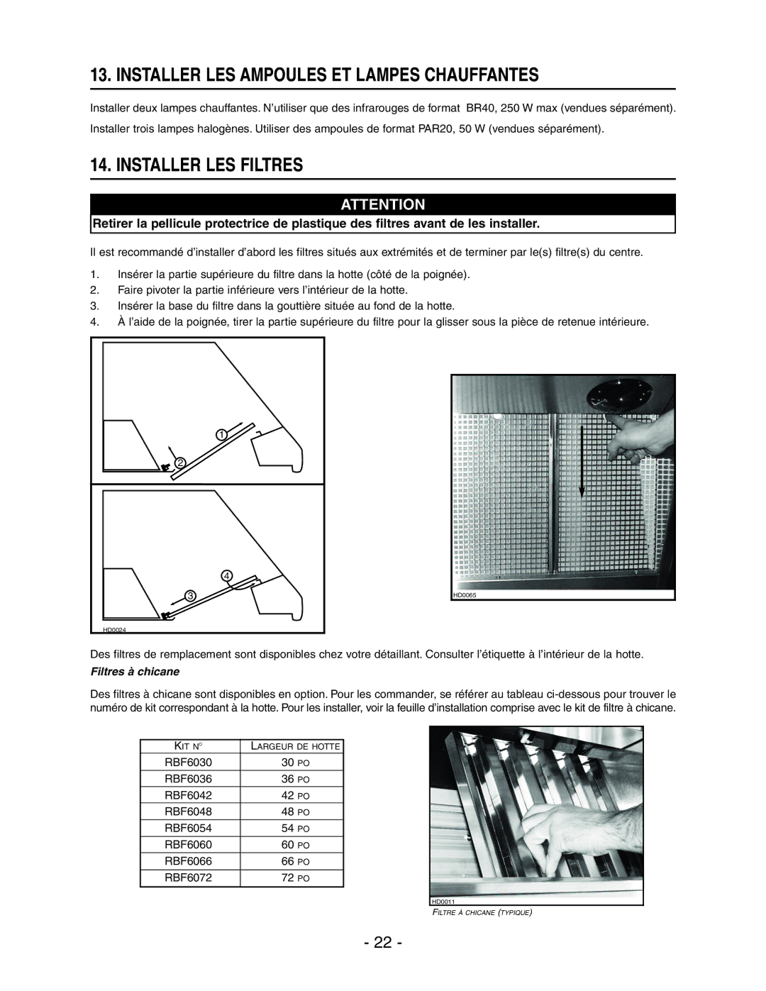 Broan RM60000 manual Installer LES Ampoules ET Lampes Chauffantes, Installer LES Filtres, Filtres à chicane 