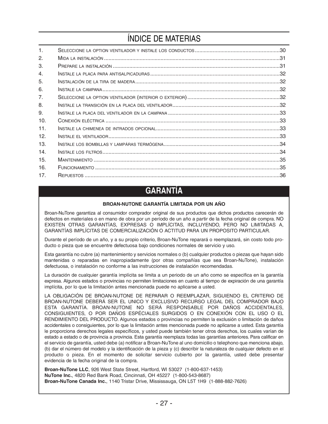 Broan RM60000 manual Índice DE Materias, BROAN-NUTONE Garantía Limitada POR UN AÑO 