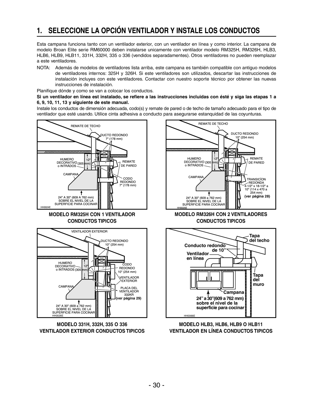 Broan RM60000 manual Seleccione LA Opción Ventilador Y Instale LOS Conductos, Modelo 331H, 332H, 335 O 