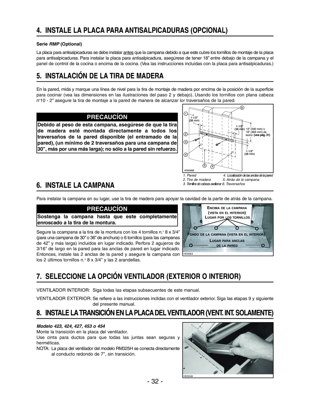 Broan RM60000 manual Instale LA Placa Para Antisalpicaduras Opcional, Instalación DE LA Tira DE Madera, Instale LA Campana 