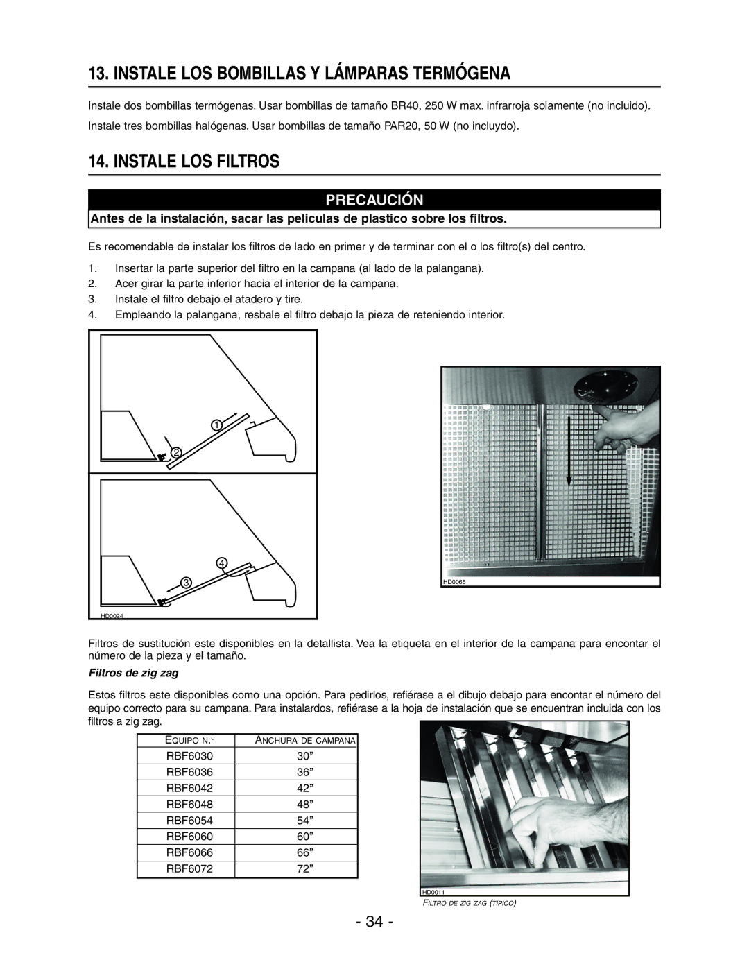 Broan RM60000 manual Instale LOS Bombillas Y Lámparas Termógena, Instale LOS Filtros, Filtros de zig zag 