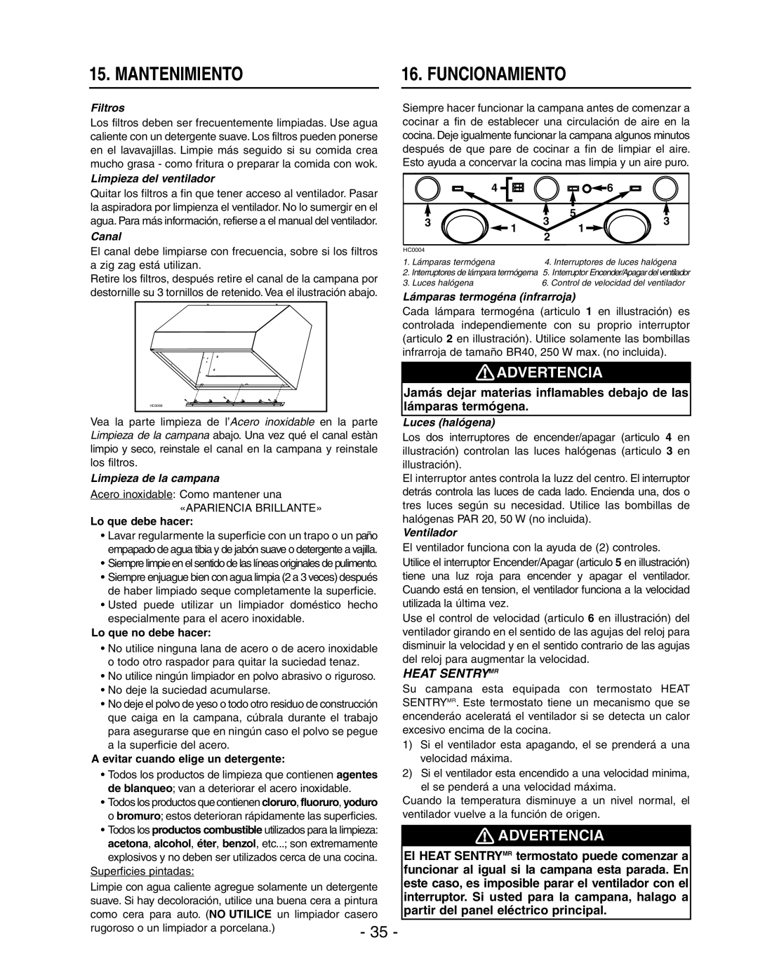 Broan RM60000 manual Mantenimiento Funcionamiento 