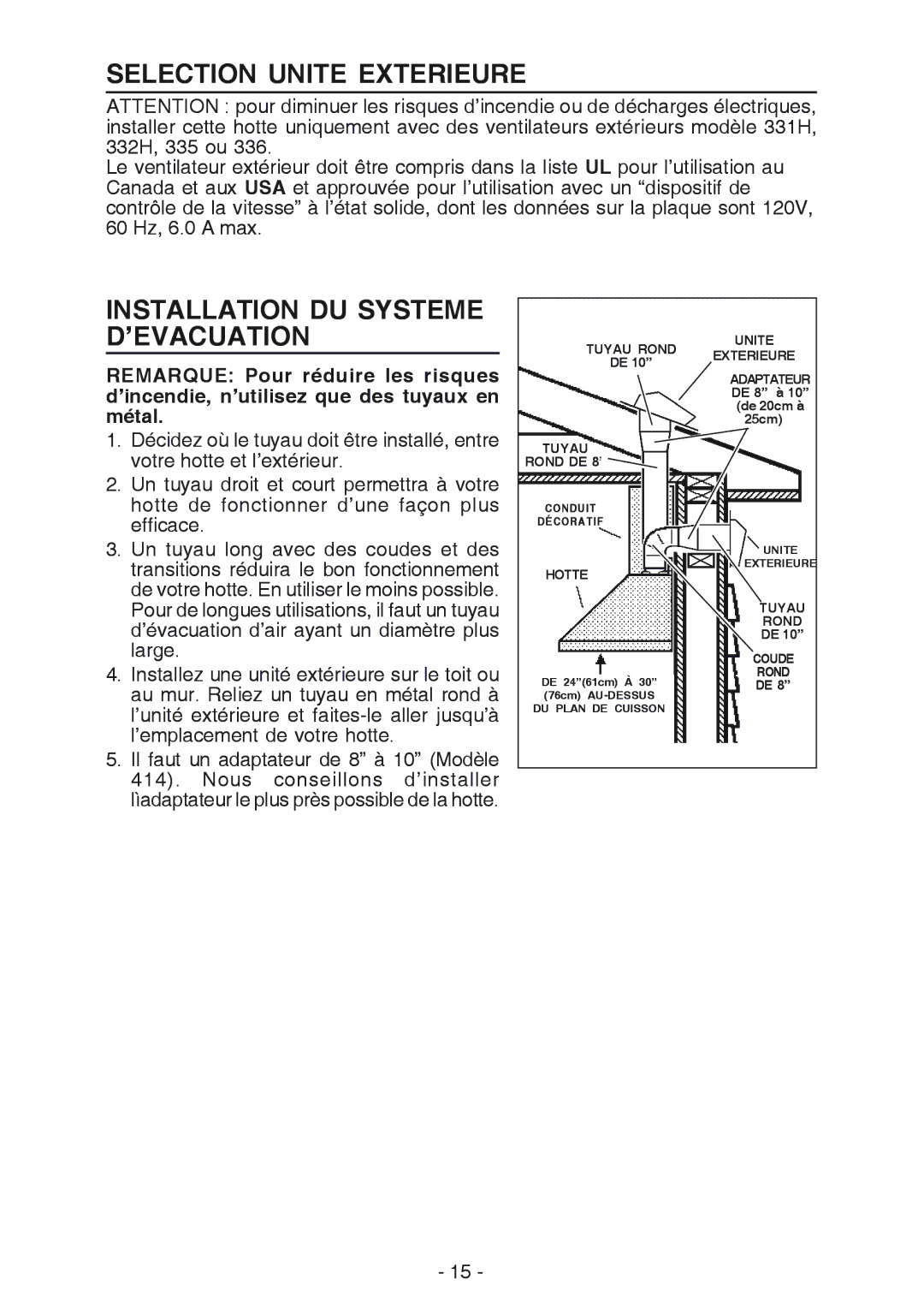 Broan RM61000EX manual Selection Unite Exterieure, Installation DU Systeme D’EVACUATION 