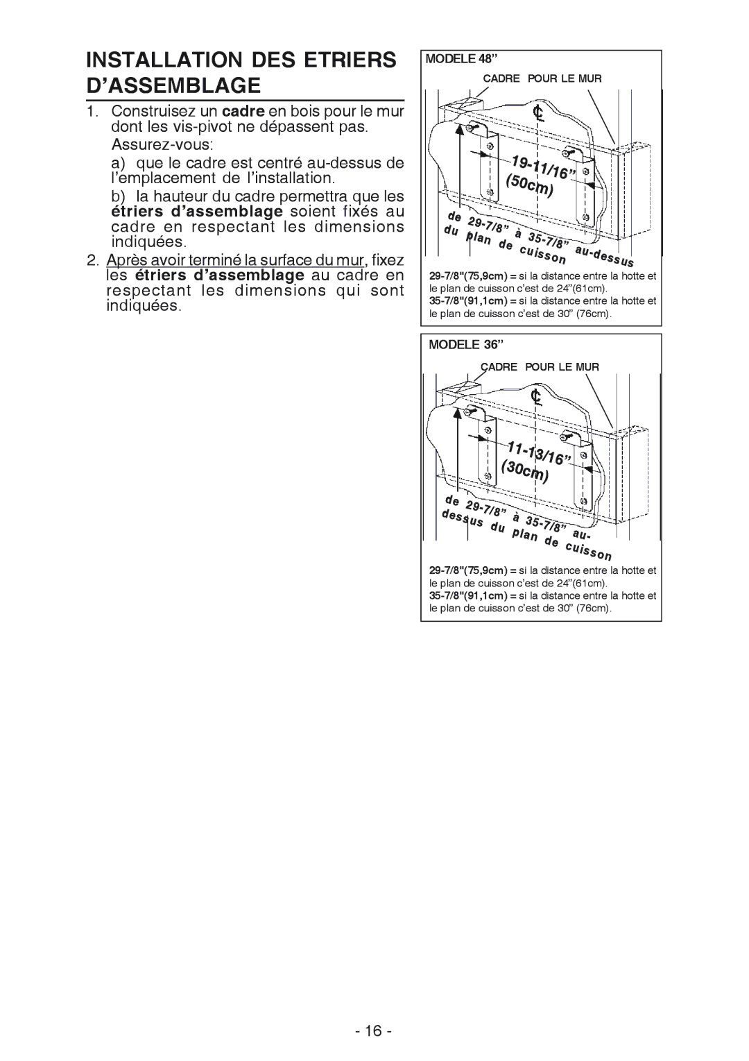 Broan RM61000EX manual Installation DES Etriers D’ASSEMBLAGE, 50cm 