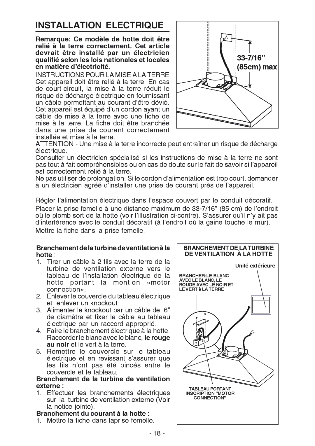 Broan RM61000EX manual Installation Electrique, En matière d’électricité 85cm max 