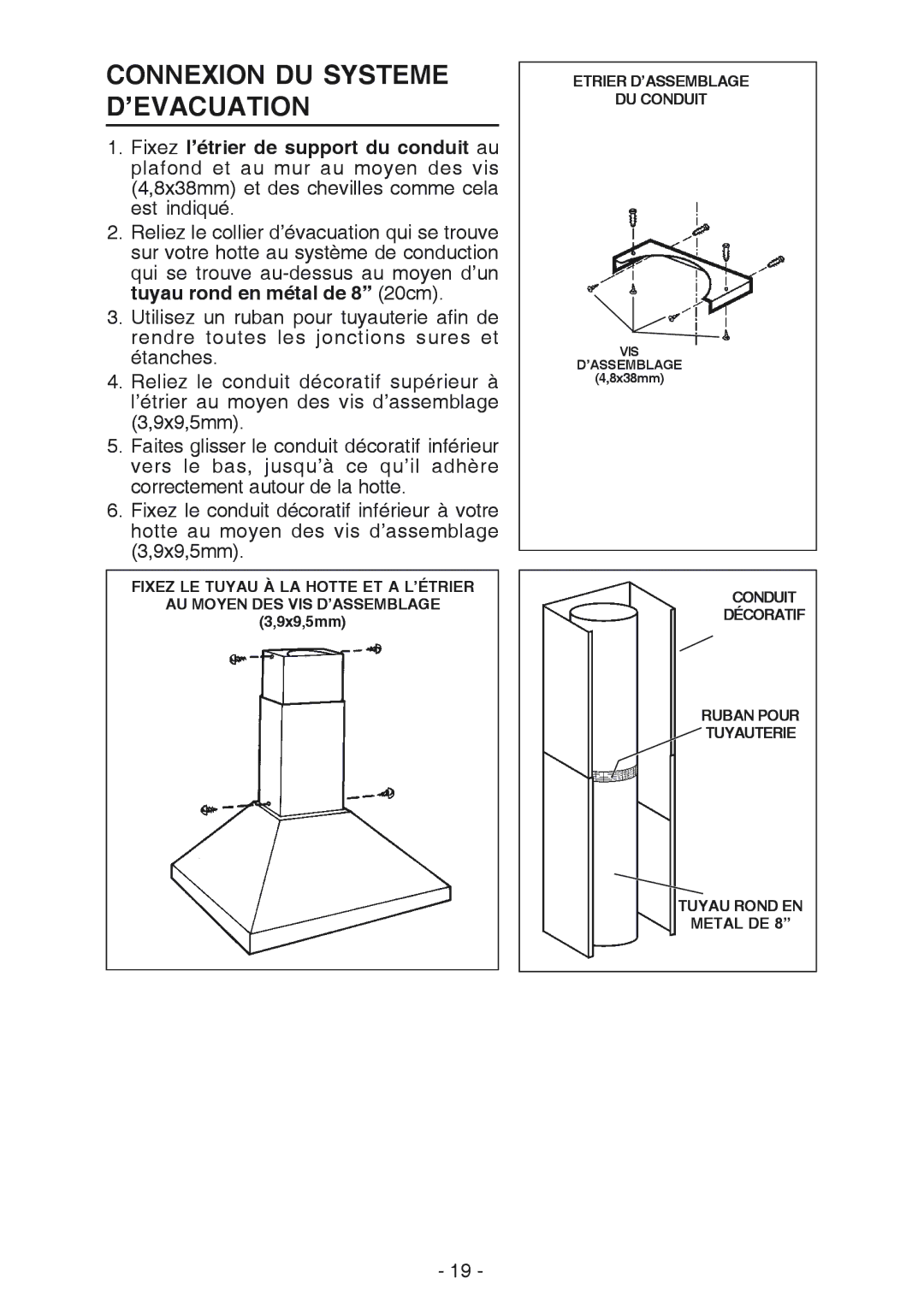 Broan RM61000EX manual Connexion DU Systeme D’EVACUATION 