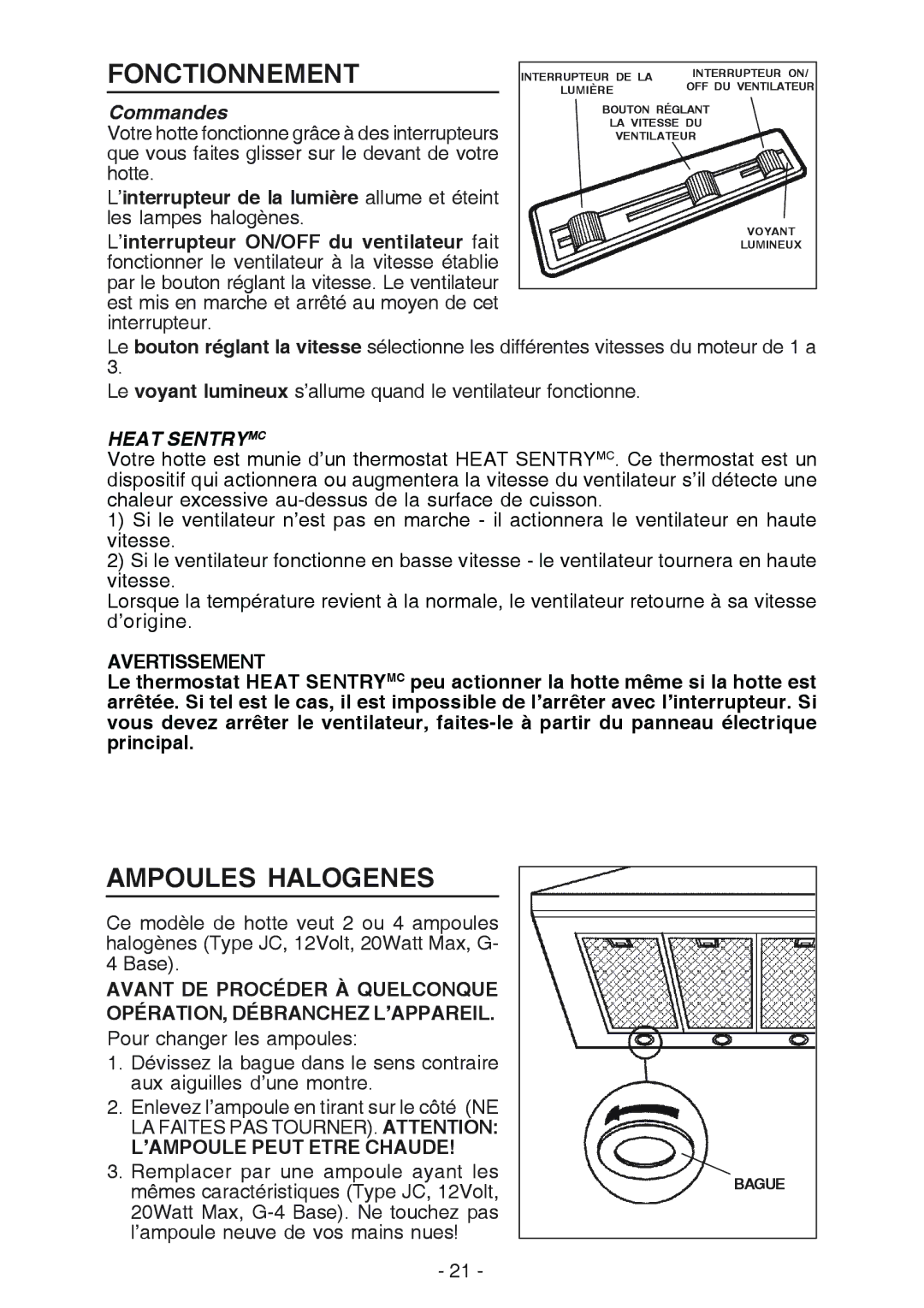 Broan RM61000EX manual Fonctionnement, Ampoules Halogenes, Commandes, Avertissement, ’AMPOULE Peut Etre Chaude 