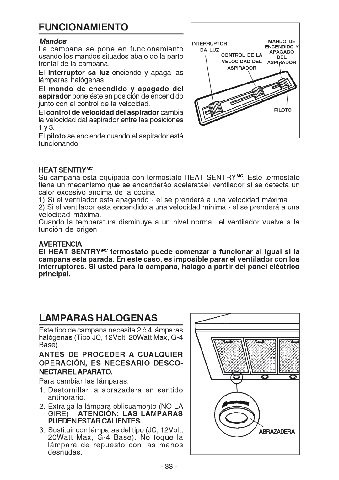 Broan RM61000EX manual Funcionamiento, Lamparas Halogenas, Mandos 