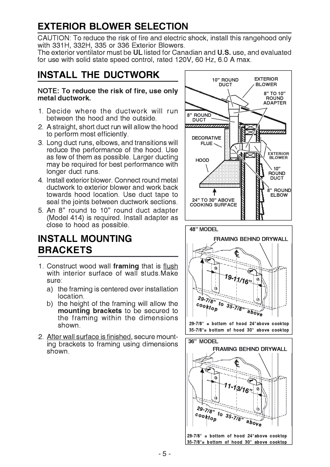 Broan RM61000EX manual Exterior Blower Selection, Install the Ductwork, Install Mounting Brackets 