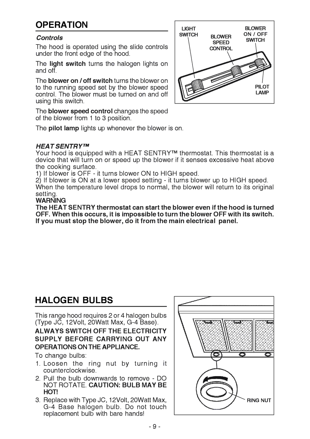 Broan RM61000EX manual Operation, Halogen Bulbs, Controls, Hot 