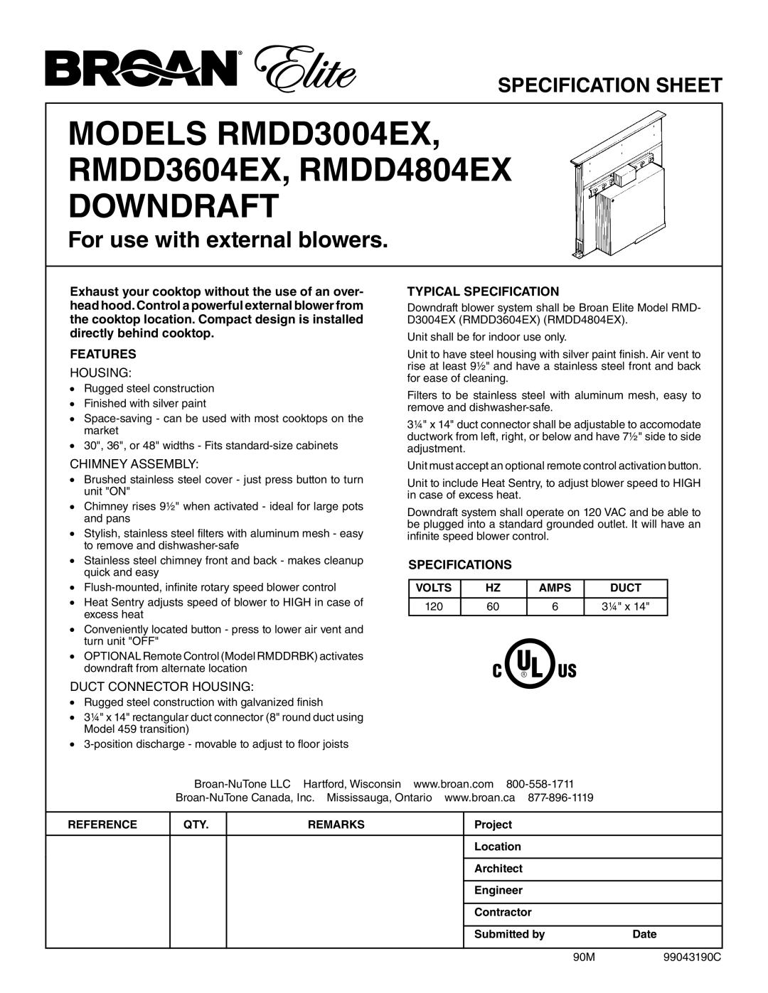 Broan RMDD3604EX specifications Features, Typical Specification, Specifications 