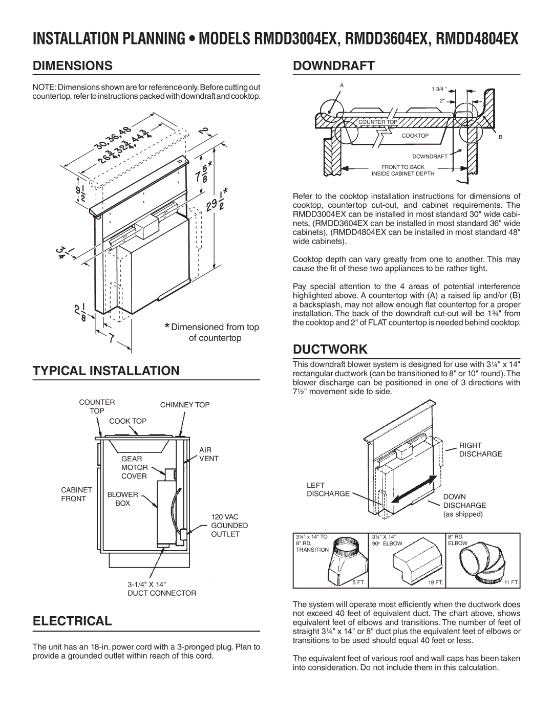 Broan RMDD3604EX specifications Typical Installation, Downdraft, Ductwork, Electrical 